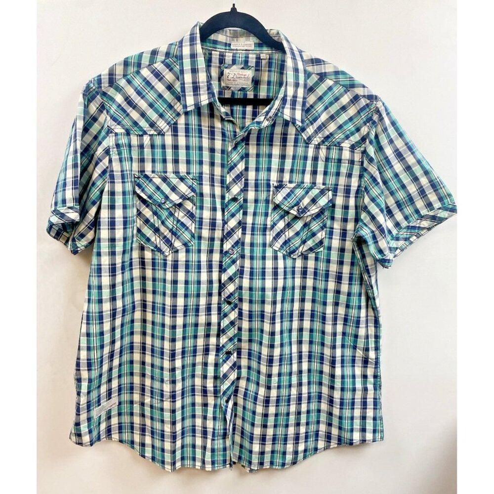 7 Diamonds Shirt Mens XXL Pearl Snap Short Sleeve Plaid Western Retro Green/Blue